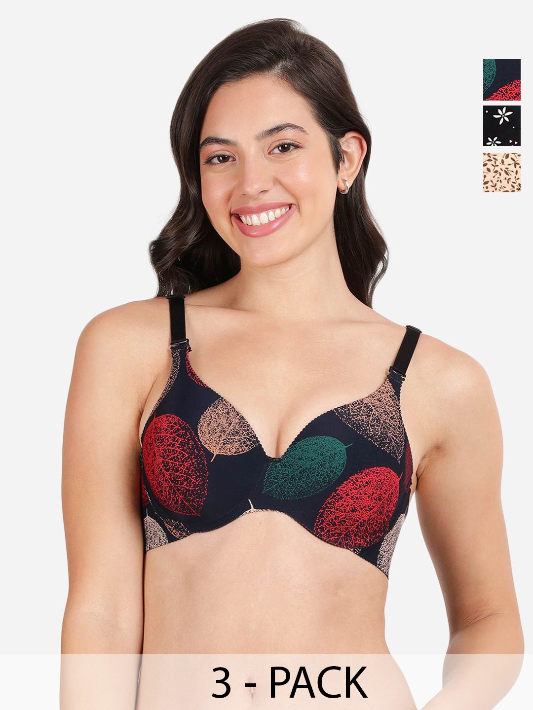 

shyaway Pack of 3 Floral Medium Coverage Lightly Padded T-shirt Bra-All Day Comfort, Black