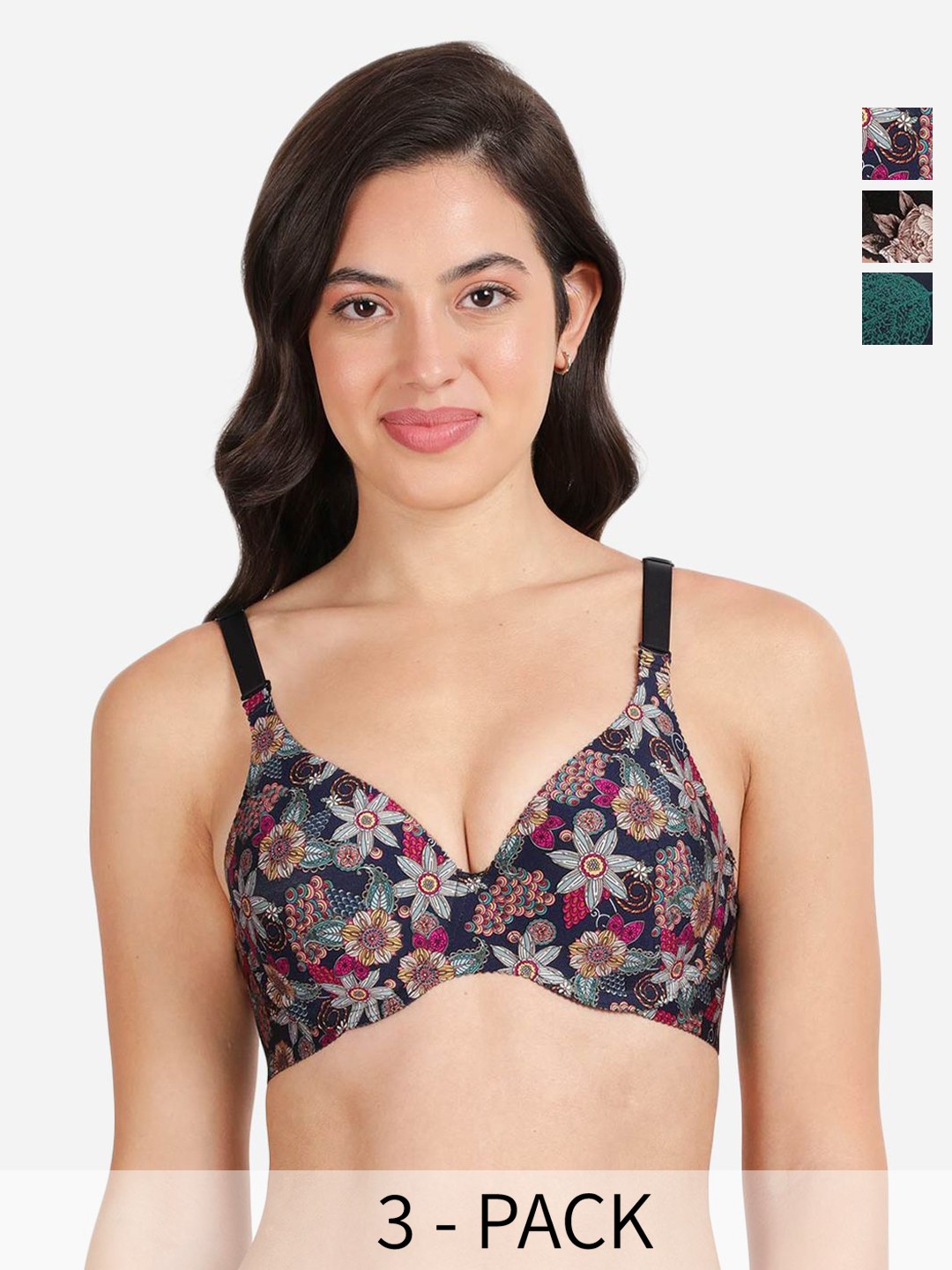 

shyaway Pack of 3 Printed Medium Coverage Lightly Padded T-shirt Bra-All Day Comfort, Black