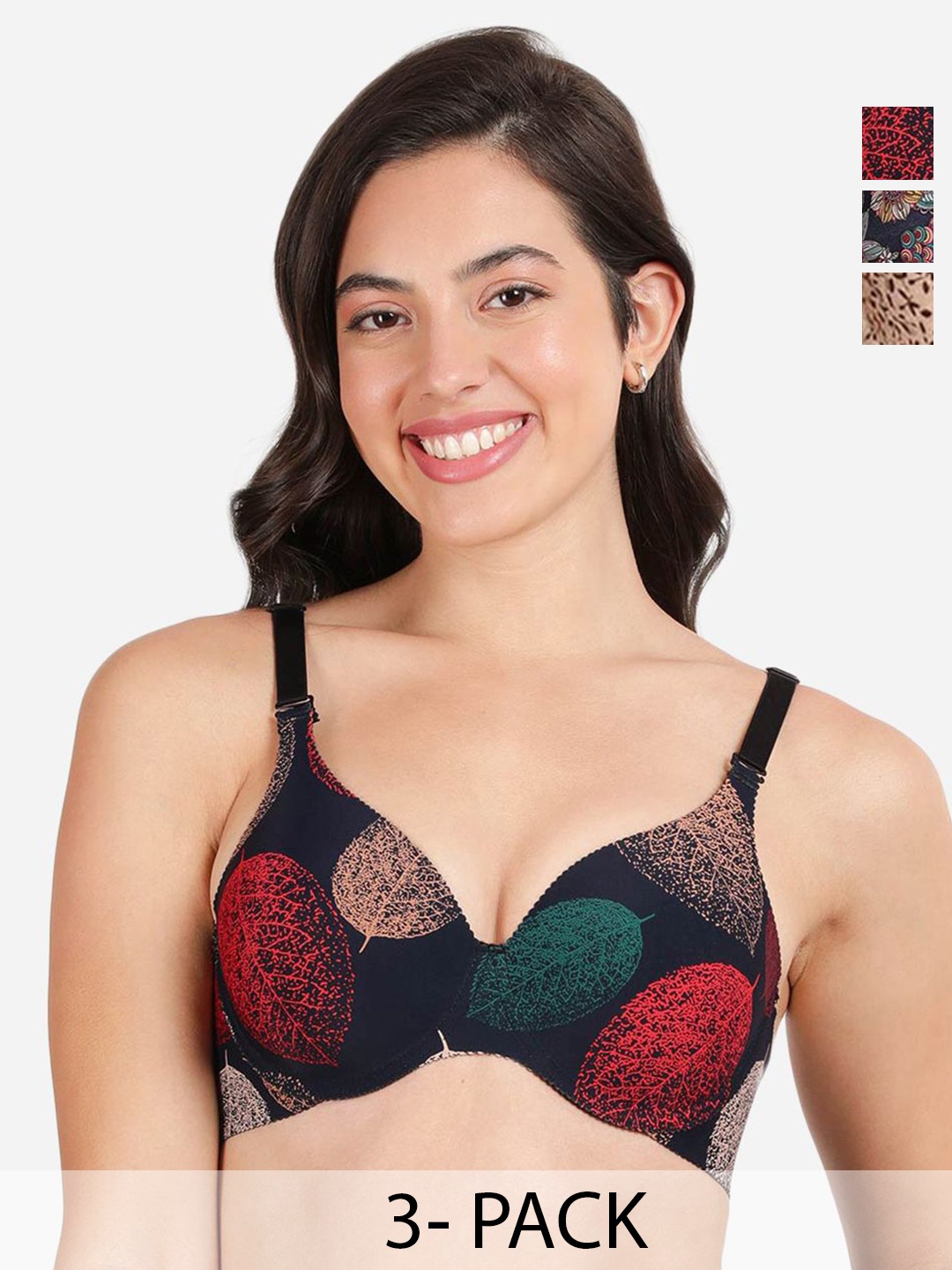 

shyaway Pack of 3 Floral Medium Coverage Lightly Padded T-shirt Bra-All Day Comfort, Blue