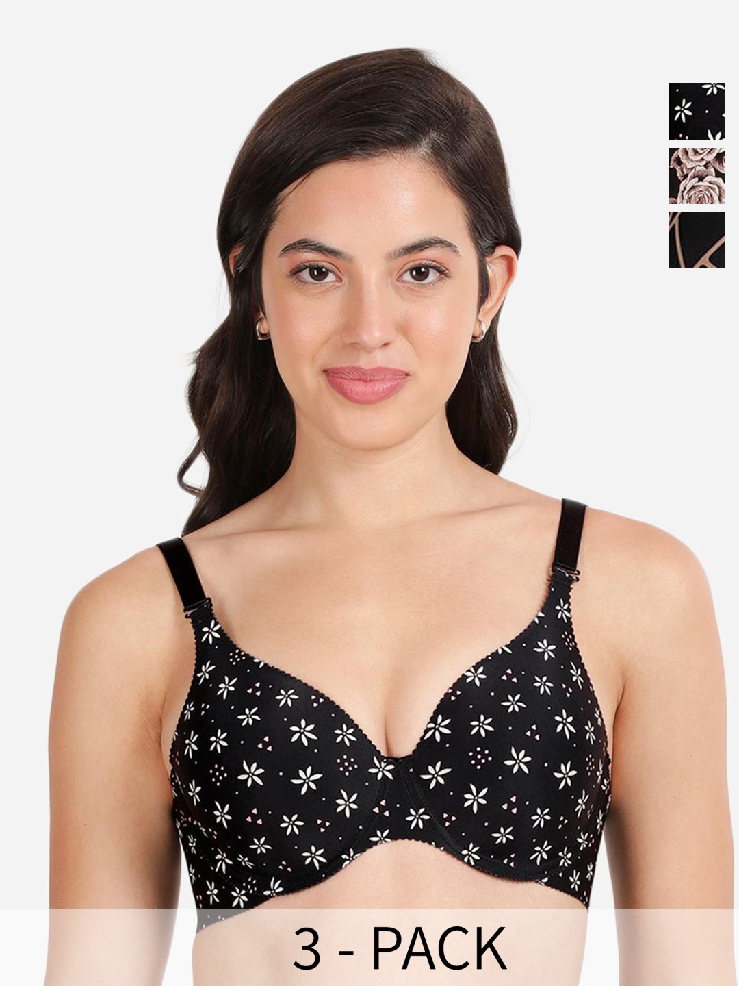 

shyaway Pack of 3 Printed Medium Coverage Lightly Padded T-shirt Bra-All Day Comfort, Black