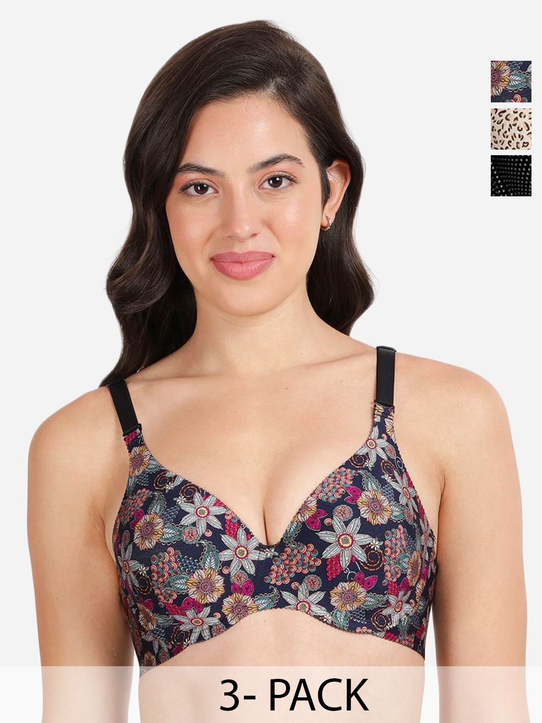 

shyaway Pack Of 3 Floral Printed Lightly Padded T-shirt Bra- All Day Comfort, Black