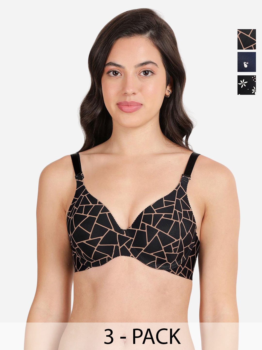 

shyaway Pack of 3 Printed Medium Coverage Lightly Padded T-shirt Bra-All Day Comfort, Black