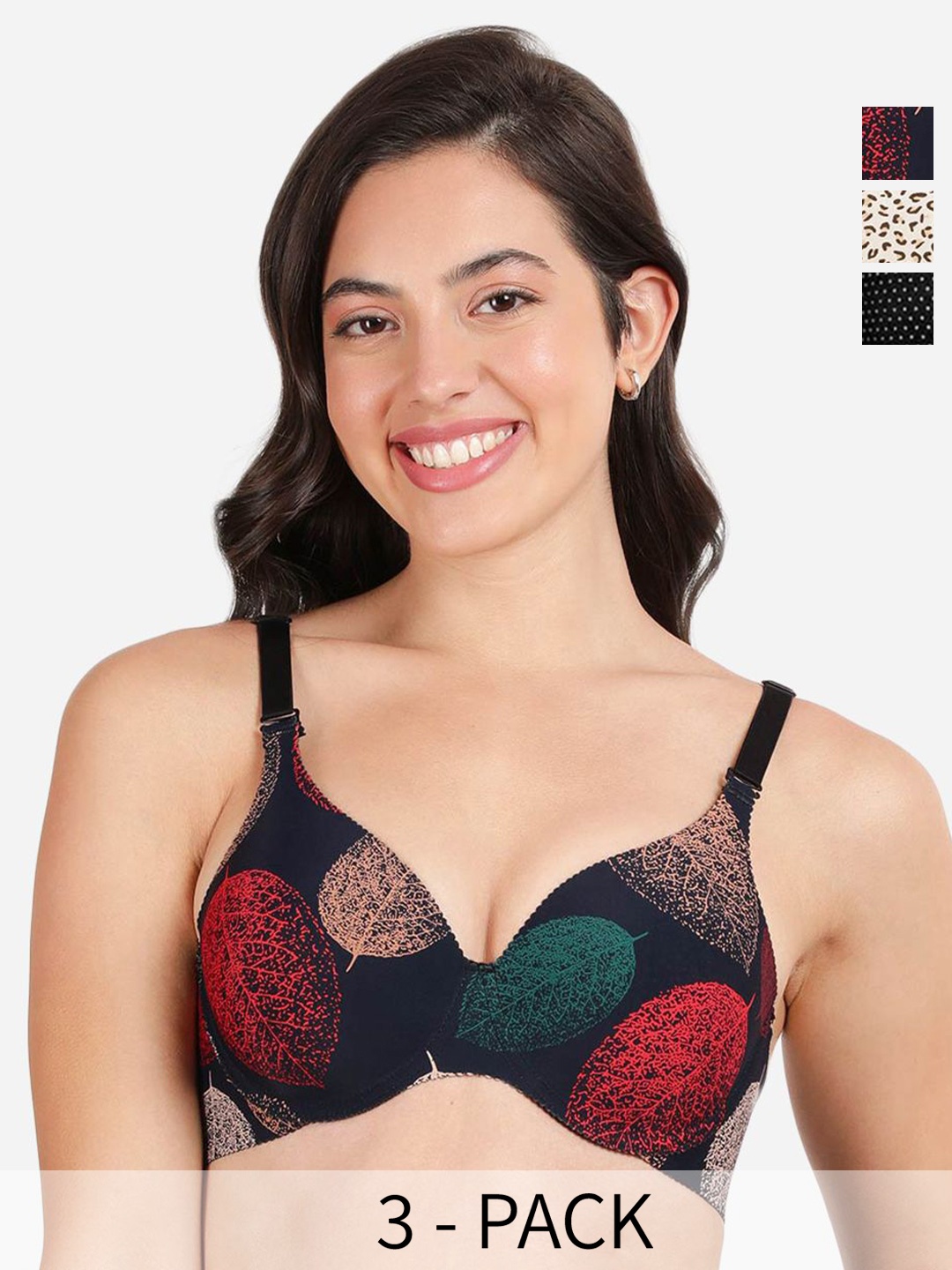 

shyaway Floral Women Pack of 3 Medium Coverage Underwired Lightly Padded T-shirt Bra, Navy blue