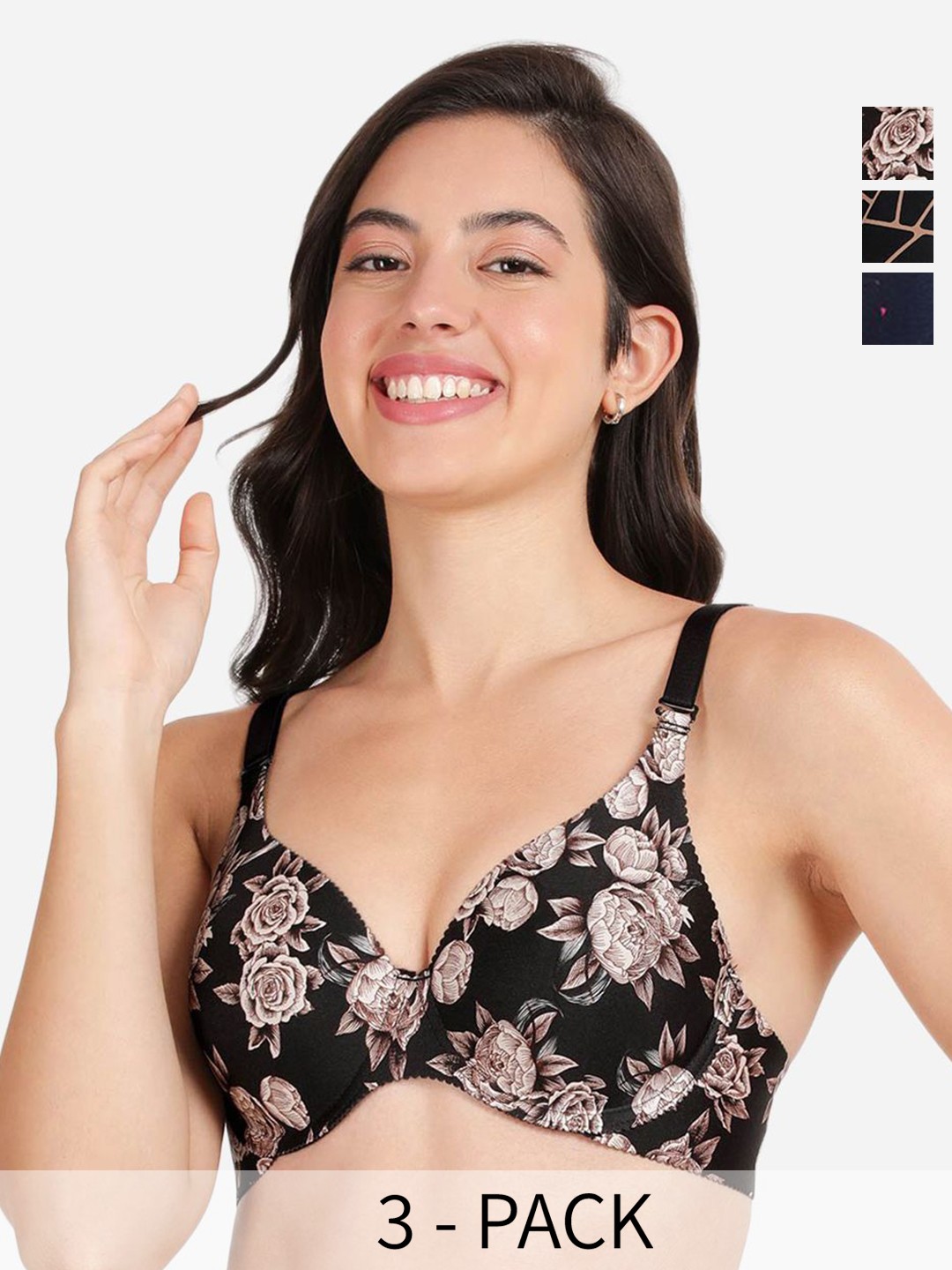 

shyaway Pack Of 3 Floral Coverage Underwired Lightly Padded T-shirt Bra-All Day Comfort, Black