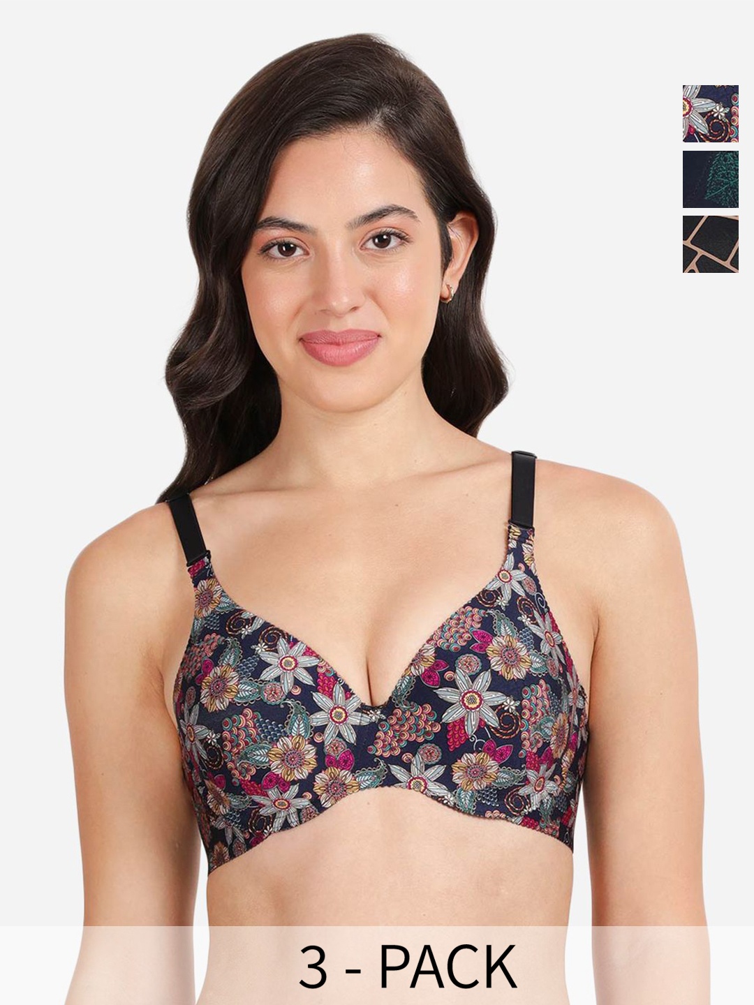 

shyaway Pack of 3 Floral Medium Coverage Lightly Padded T-shirt Bra-All Day Comfort, Navy blue