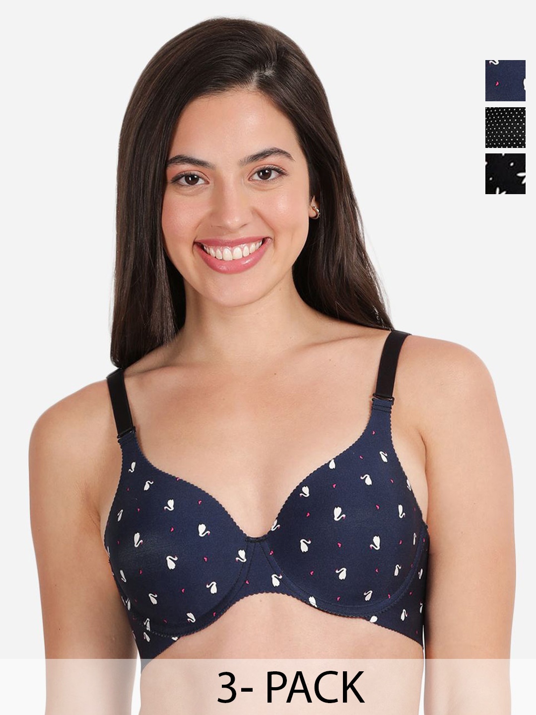 

shyaway Pack of 3 Printed Medium Coverage Lightly Padded T-shirt Bra-All Day Comfort, Black