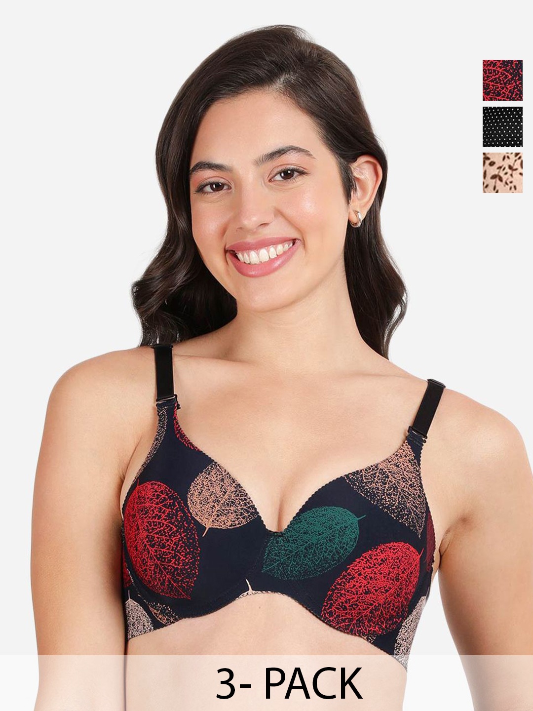 

shyaway Pack Of 3 Graphic Printed Lightly Padded T-shirt Bra- All Day Comfort, Black