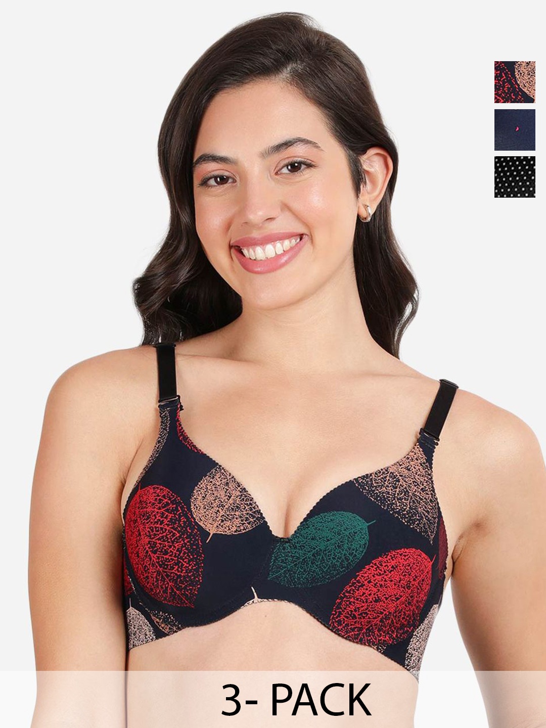 

shyaway Floral Women Pack of 3 Medium Coverage Underwired Lightly Padded T-shirt Bra, Navy blue