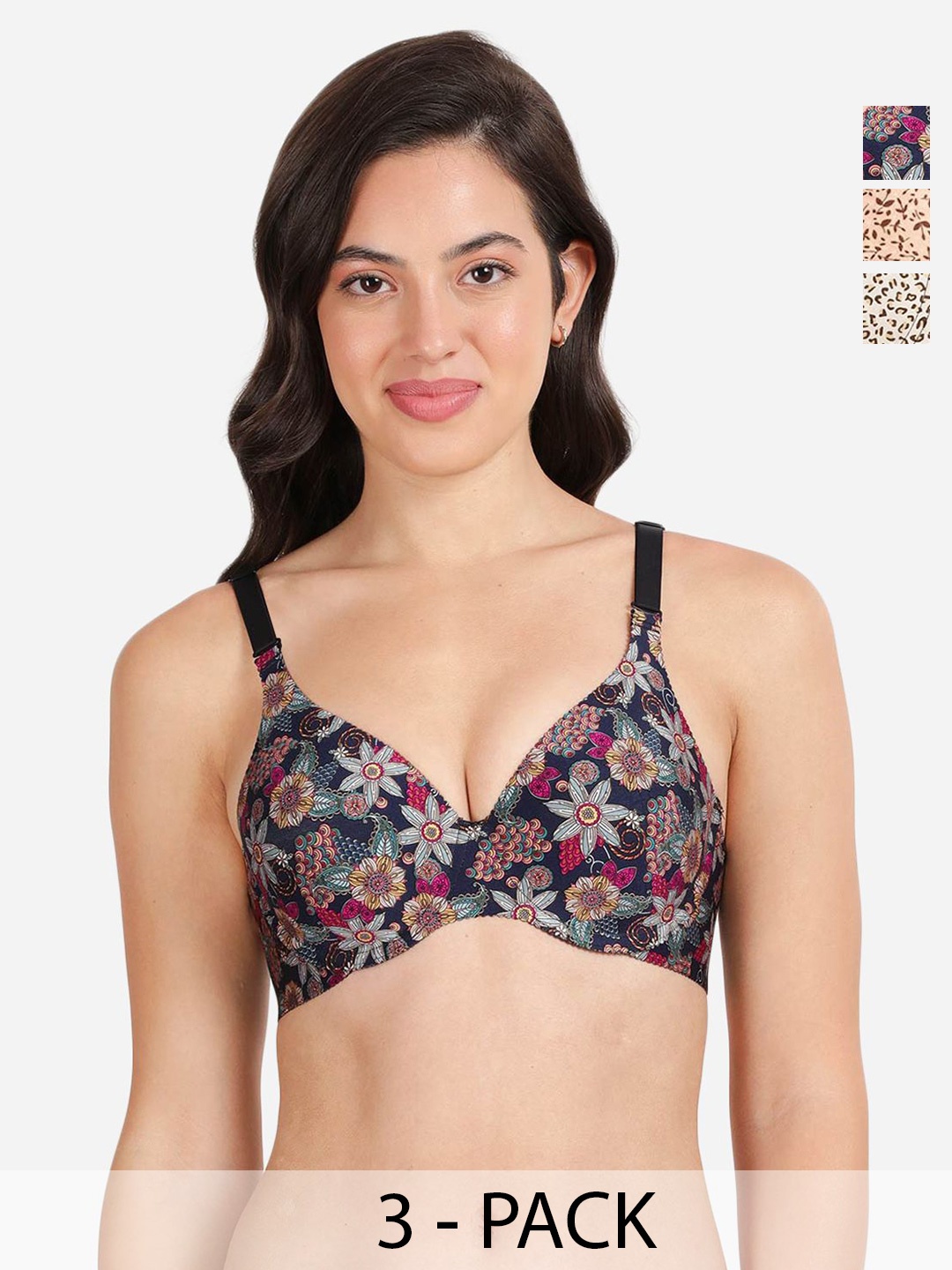 

shyaway Floral Women Pack of 3 Medium Coverage Underwired Lightly Padded T-shirt Bra, Navy blue