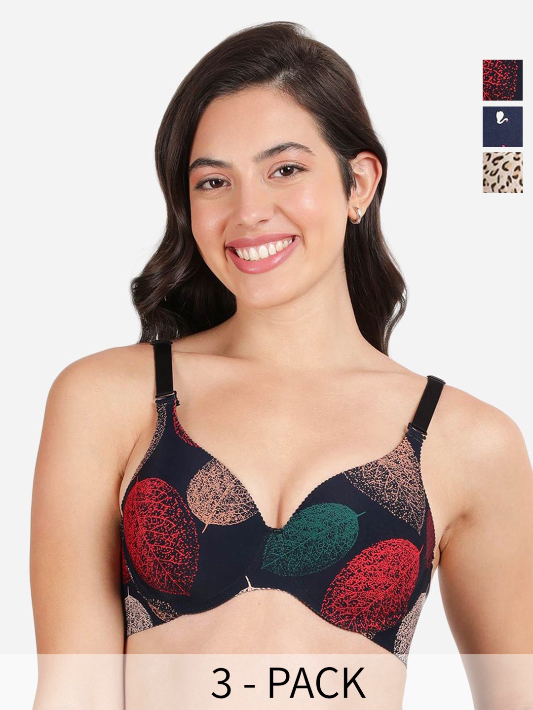 

shyaway Pack Of 3 Floral Printed Lightly Padded T-shirt Bra- All Day Comfort, Black
