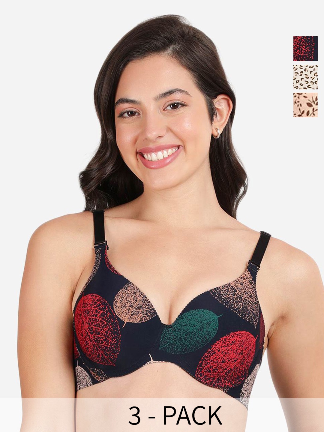 

shyaway Pack of 3 Printed Medium Coverage Lightly Padded T-shirt Bra-All Day Comfort, Black