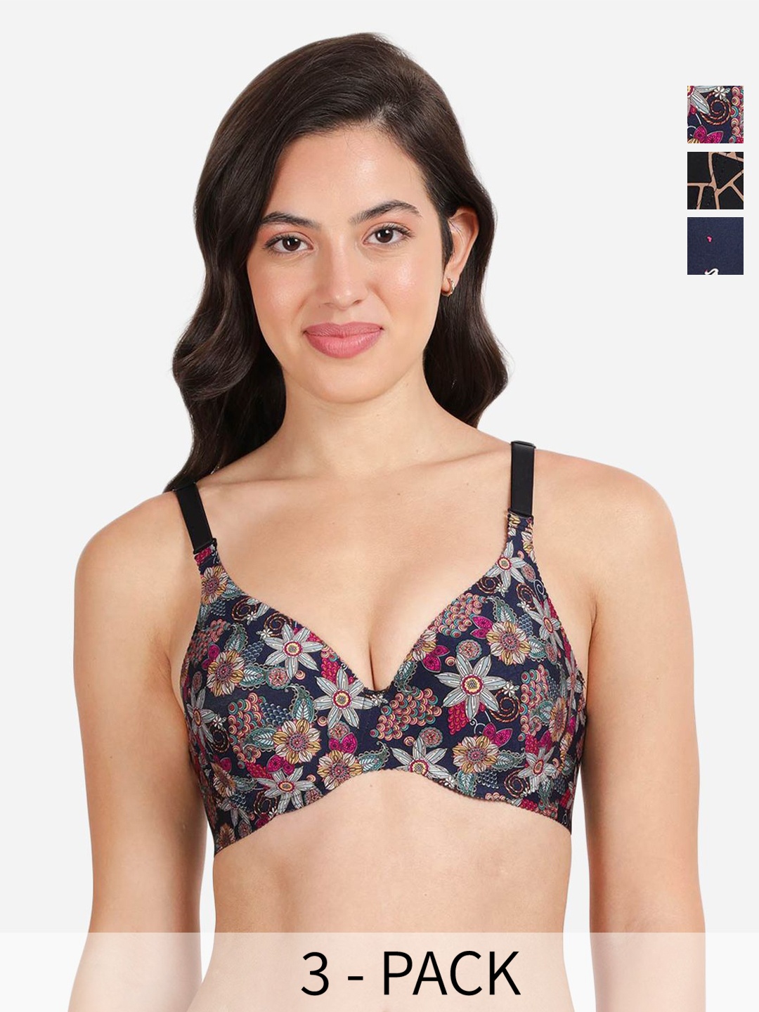 

shyaway Floral Women Pack of 3 Medium Coverage Underwired Lightly Padded T-shirt Bra, Navy blue