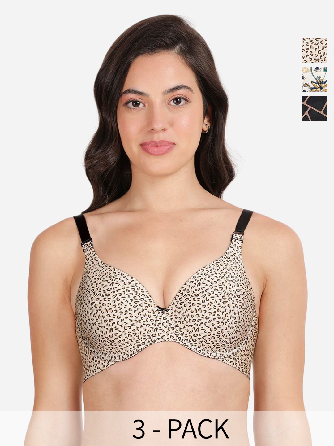 

shyaway Pack of 3 Printed Medium Coverage Lightly Padded T-shirt Bra-All Day Comfort, Black