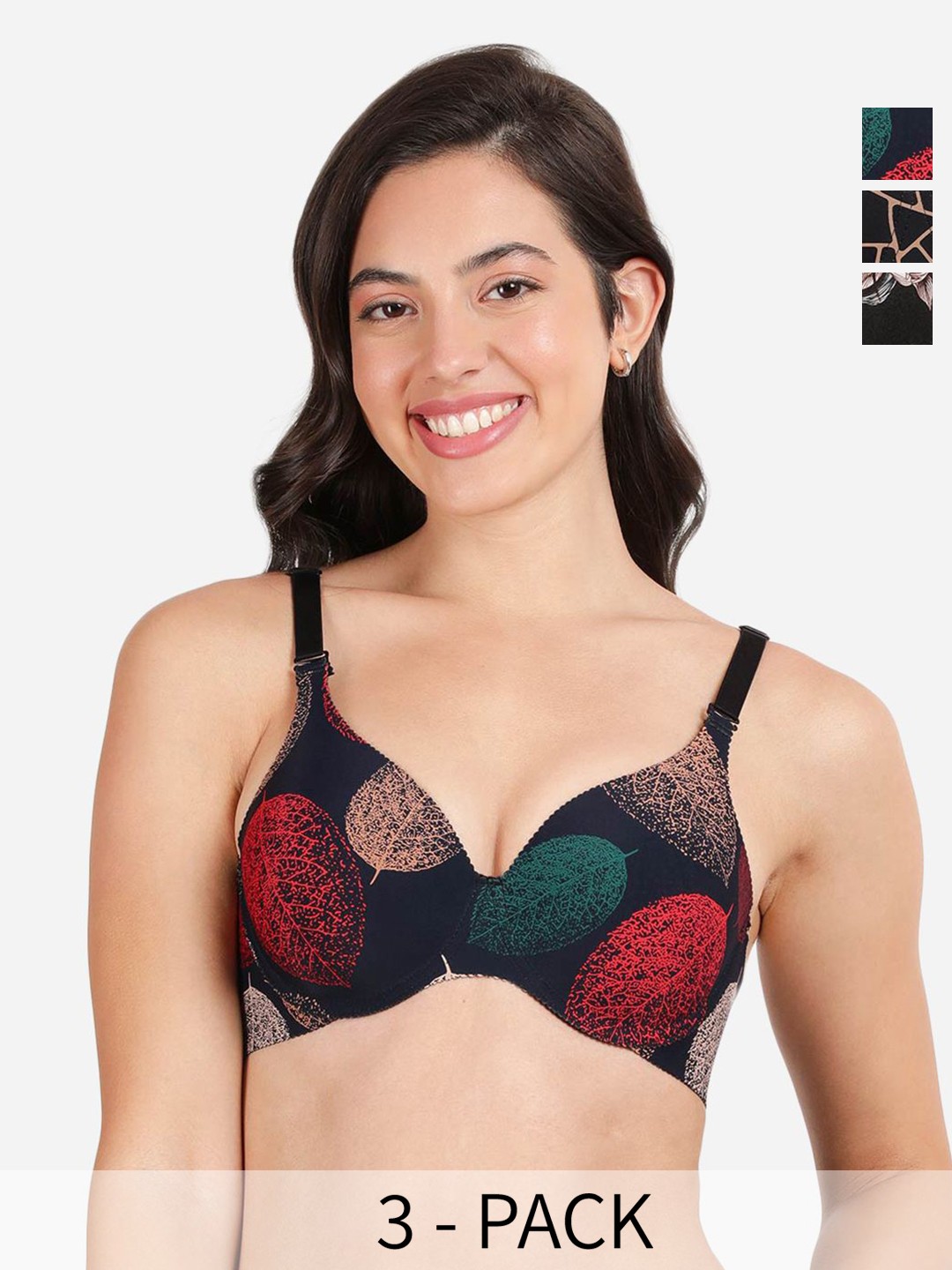 

shyaway Pack Of 3 Floral Printed Lightly Padded T-shirt Bra- All Day Comfort, Black