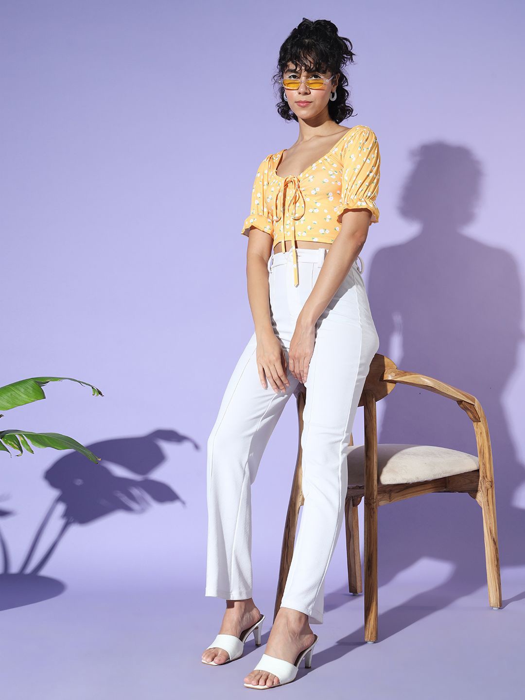 

AAHWAN Floral Printed Tie-Up Neck Crop Top, Yellow