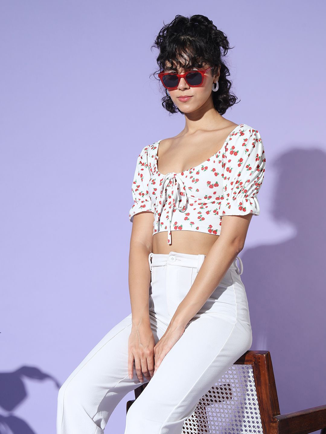 

AAHWAN Floral Printed Tie-Up Neck Crop Top, White