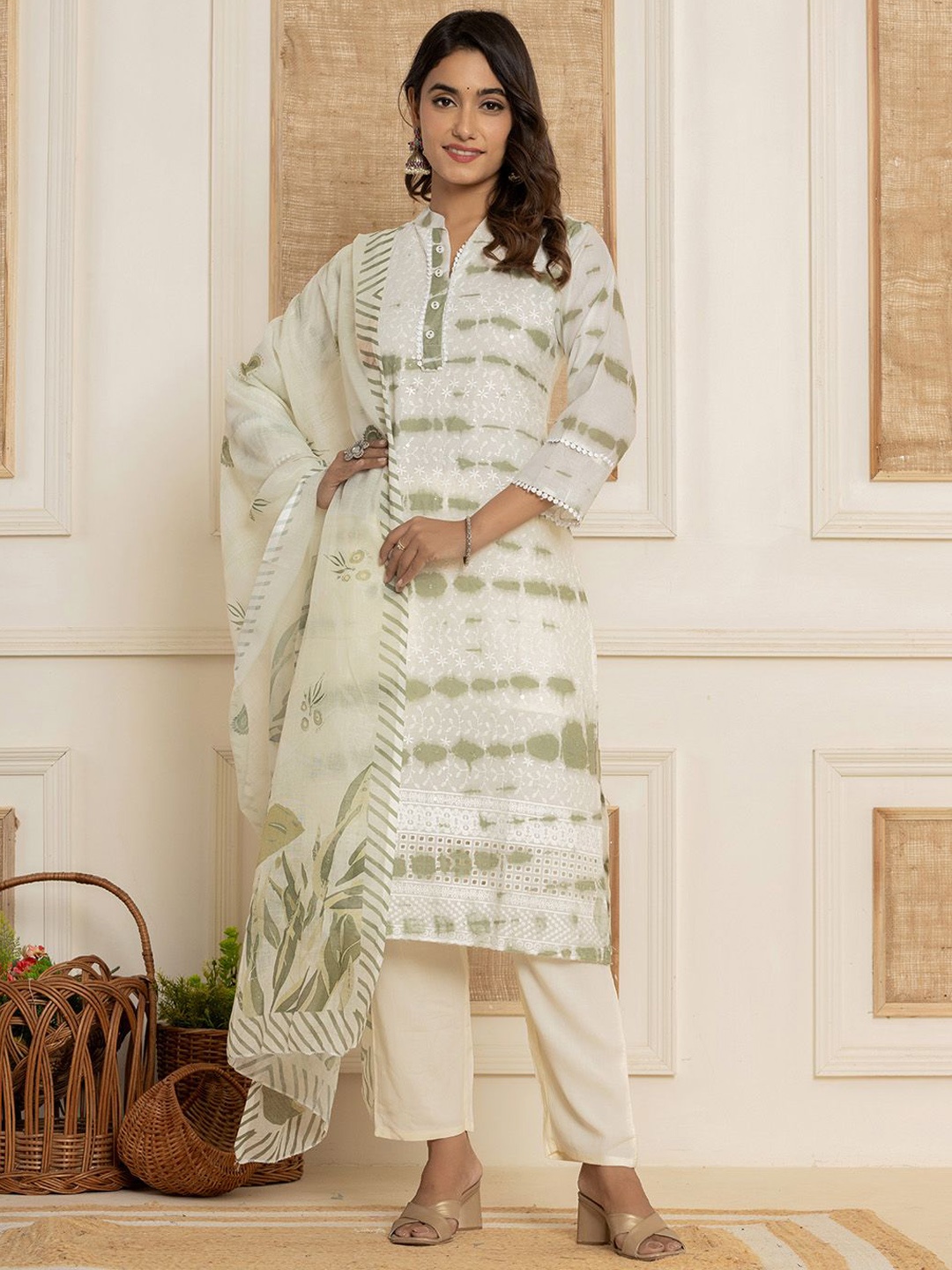 

Yufta Women Chikankari Pure Cotton Kurta with Trousers & With Dupatta, White