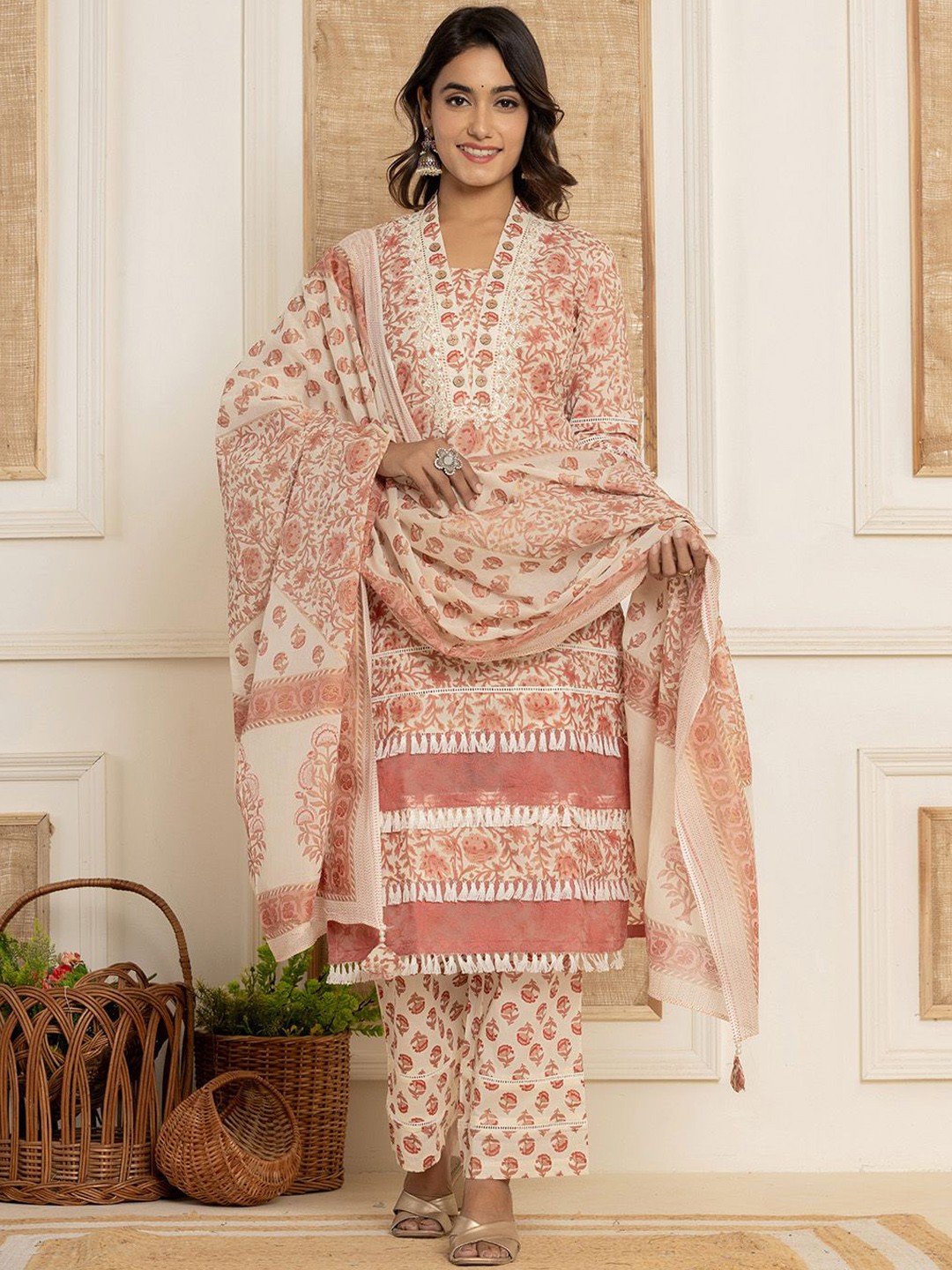 

Yufta Women Thread Work Pure Cotton Kurta with Trousers & With Dupatta, White