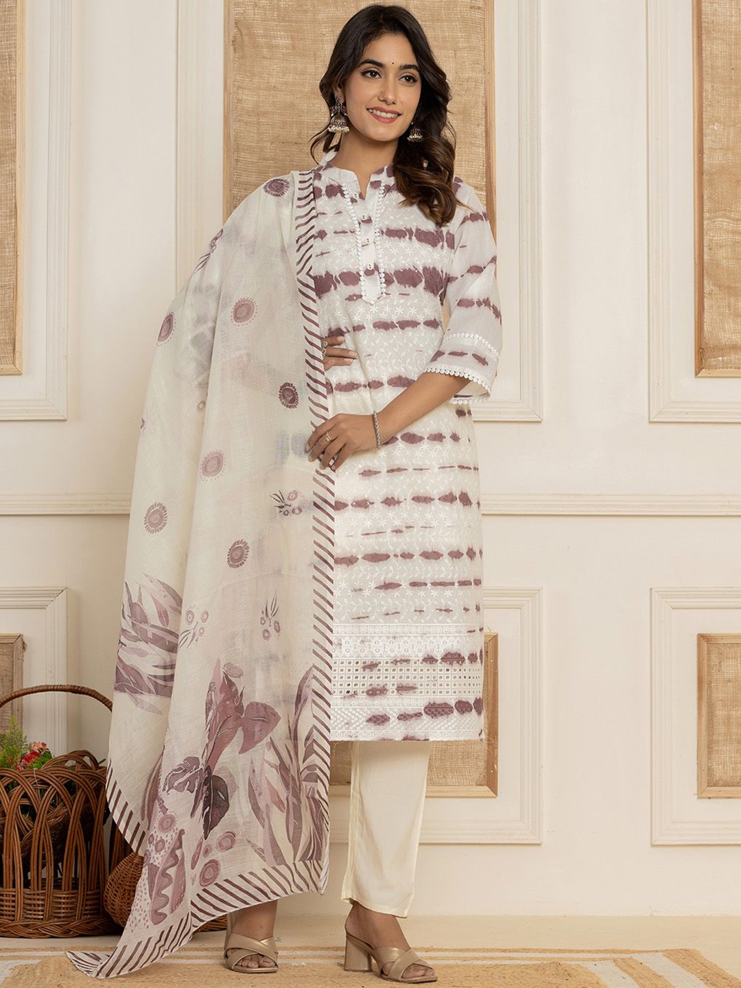 

Yufta Women Embroidered Regular Pure Cotton Kurta with Trousers & With Dupatta, White