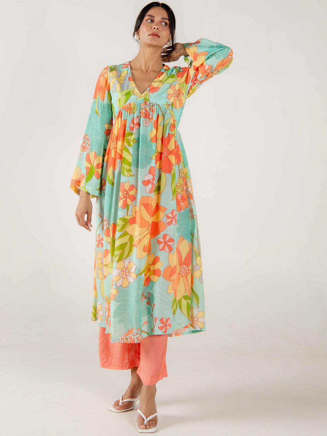 

AROOP INDIA Women Printed Sequinned Anarkali Kurta, Turquoise blue