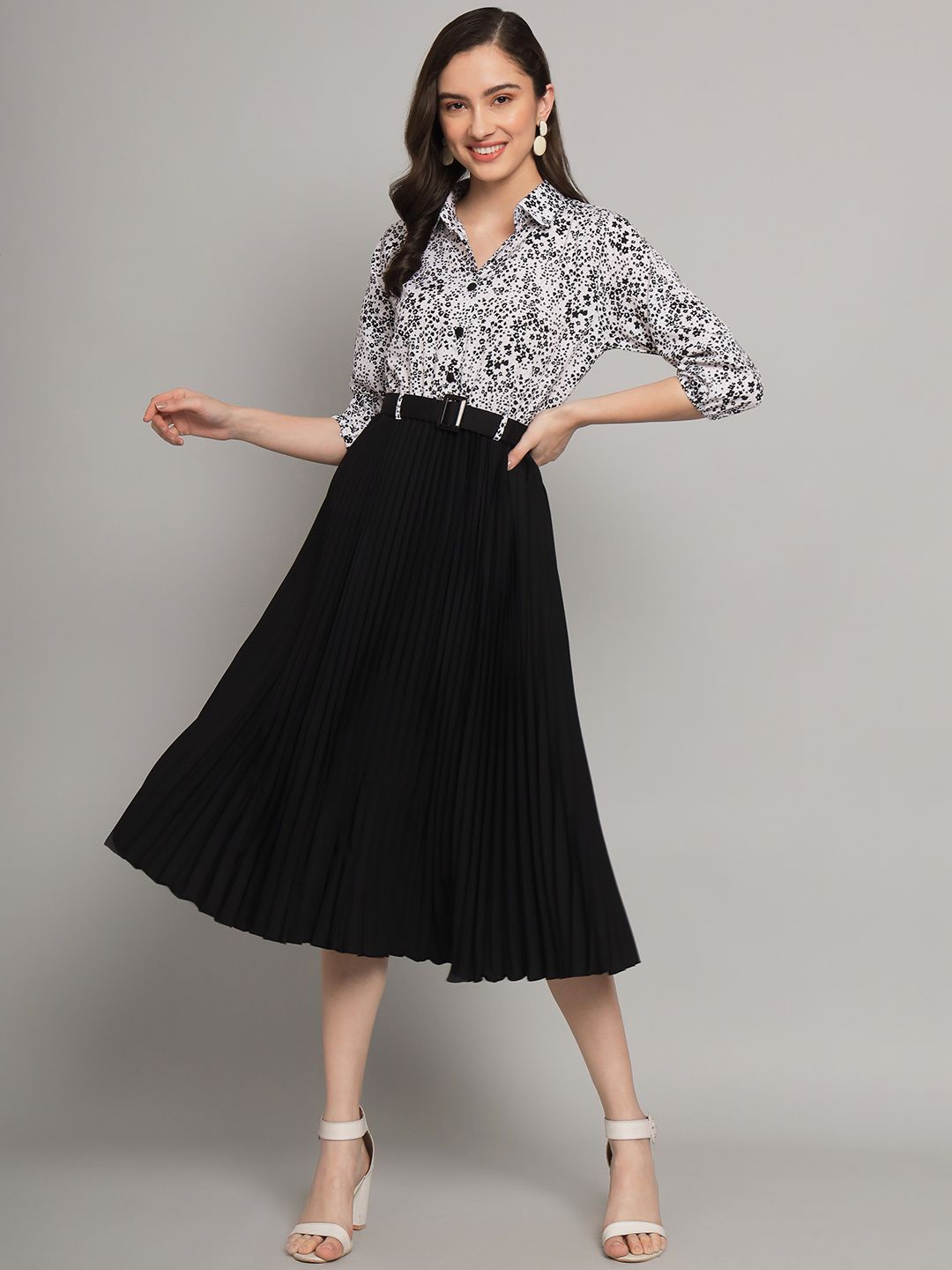 

OTABU Floral Printed Crepe Fit and Flare Midi Dress, Black