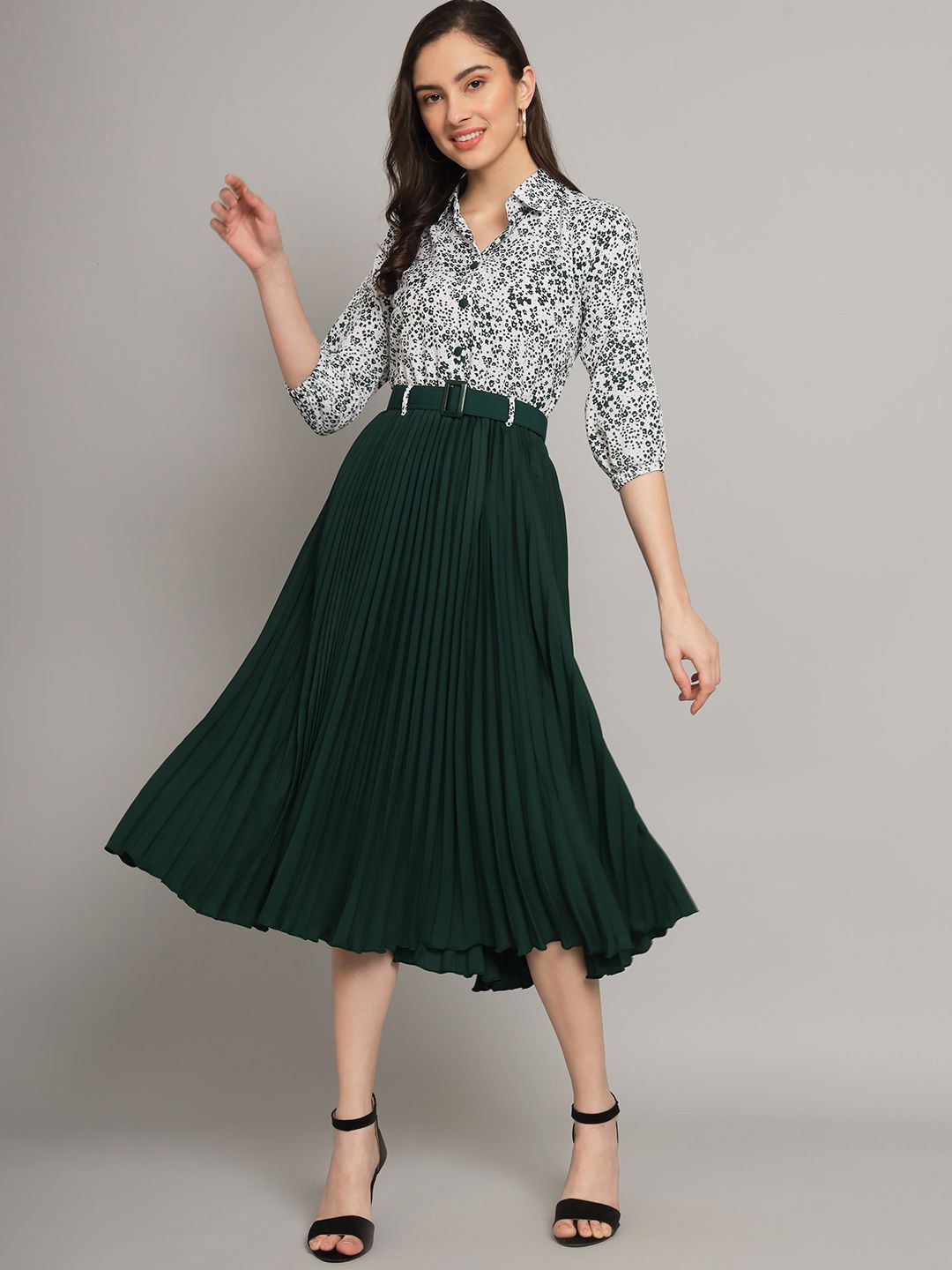 

OTABU Shirt Collar Floral Print Crepe Fit & Flare Midi Dress, Green