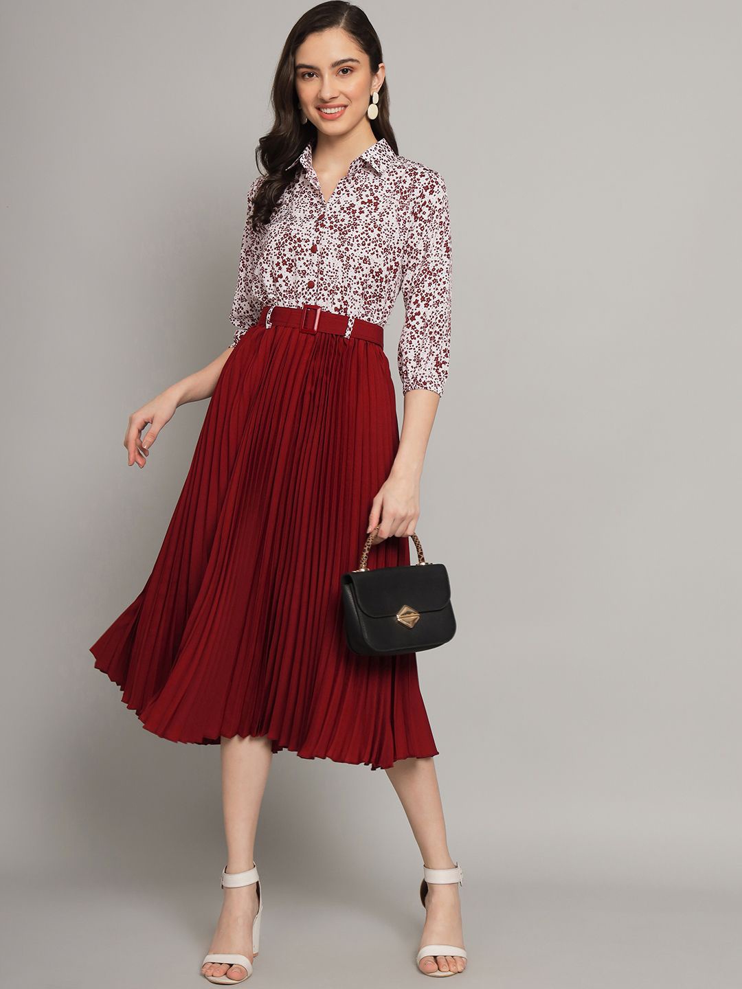 

OTABU Floral Printed Crepe Fit & Flare Midi Dress, Maroon