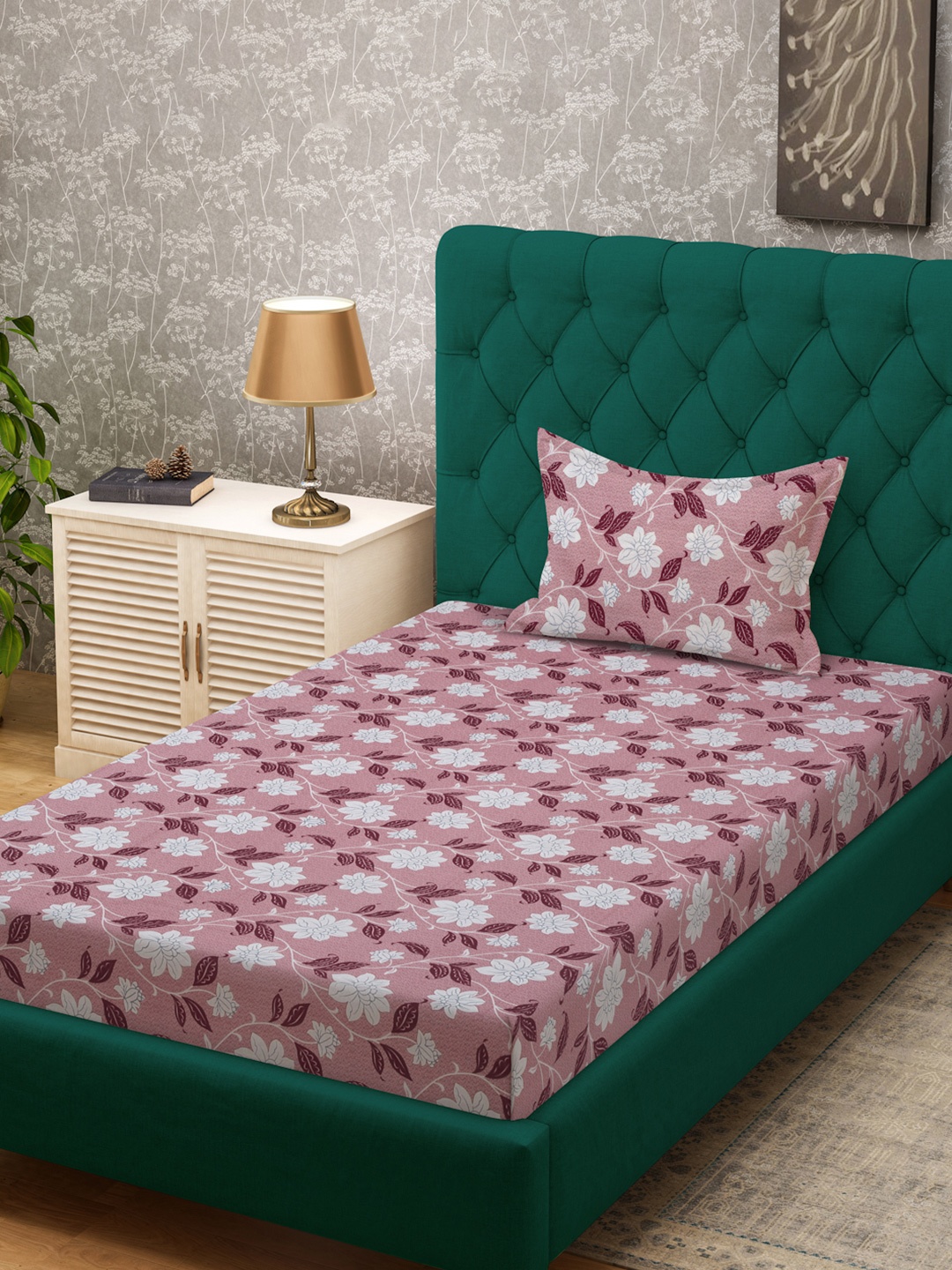 

KLOTTHE Pink & White Printed Pure Cotton 400 TC Fitted Single Bedsheet With Pillow Cover
