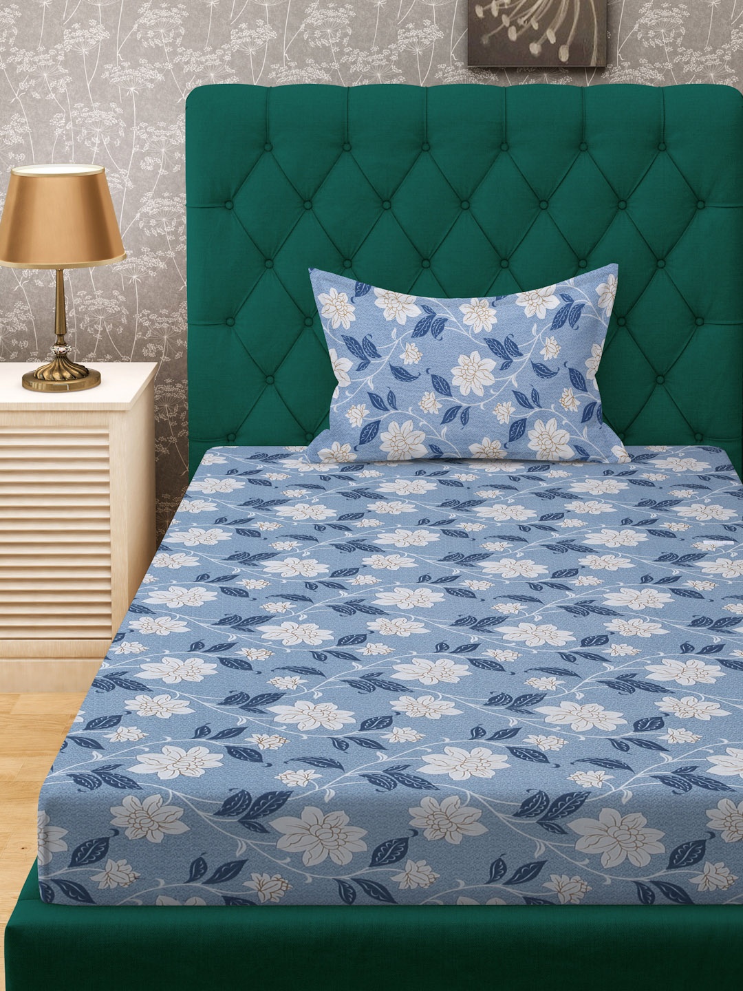 

KLOTTHE Blue & White Printed Pure Cotton 400 TC Fitted Single Bedsheet With Pillow Cover