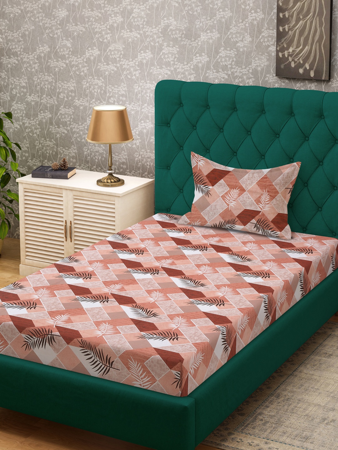 

KLOTTHE Rust & White Printed Pure Cotton 400 TC Fitted Single Bedsheet With Pillow Cover