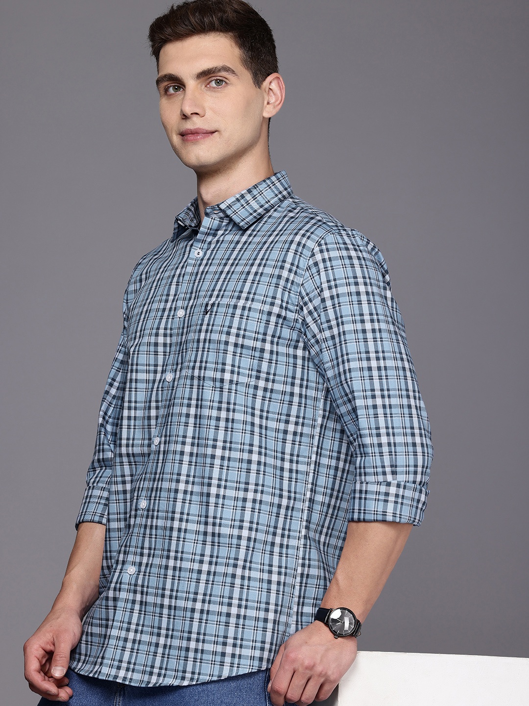 

Allen Solly Pure Cotton Classic Fit Opaque Checked Casual Shirt, Blue