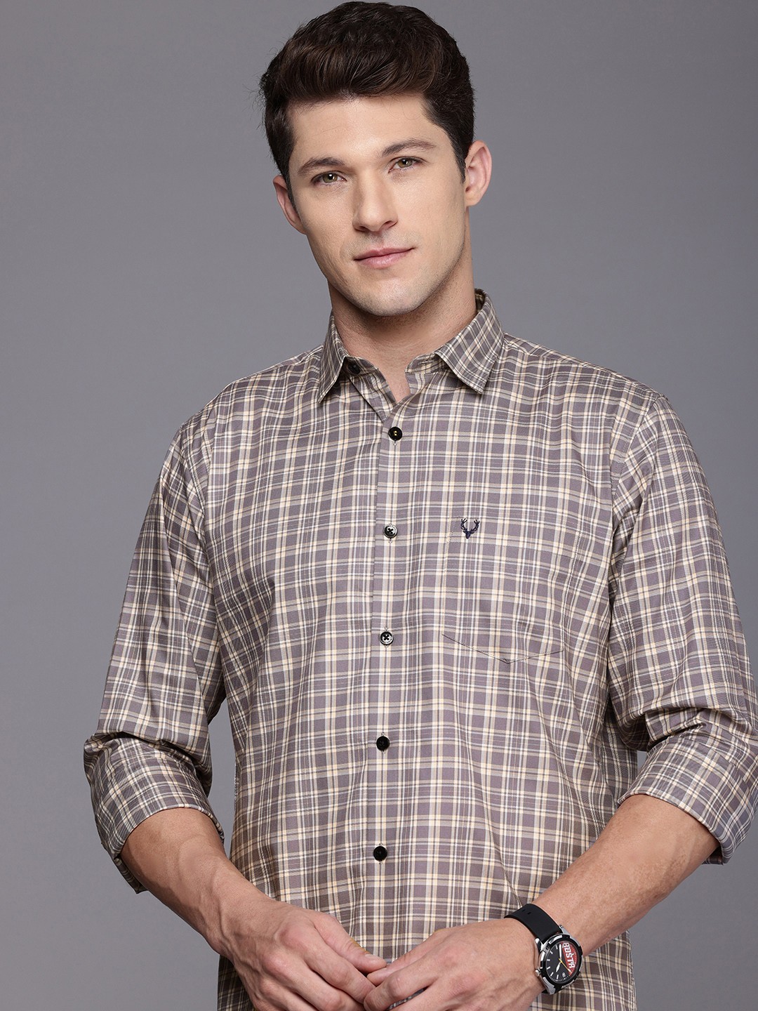 

Allen Solly Pure Cotton Classic Fit Opaque Checked Casual Shirt, Grey