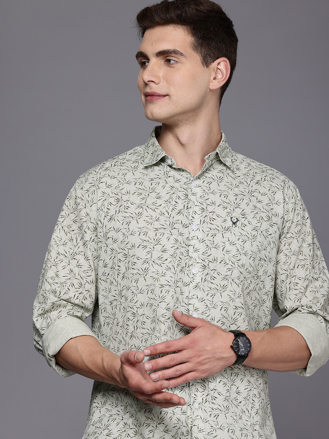 

Allen Solly Classic Fit Floral Printed Pure Cotton Casual Shirt, Olive