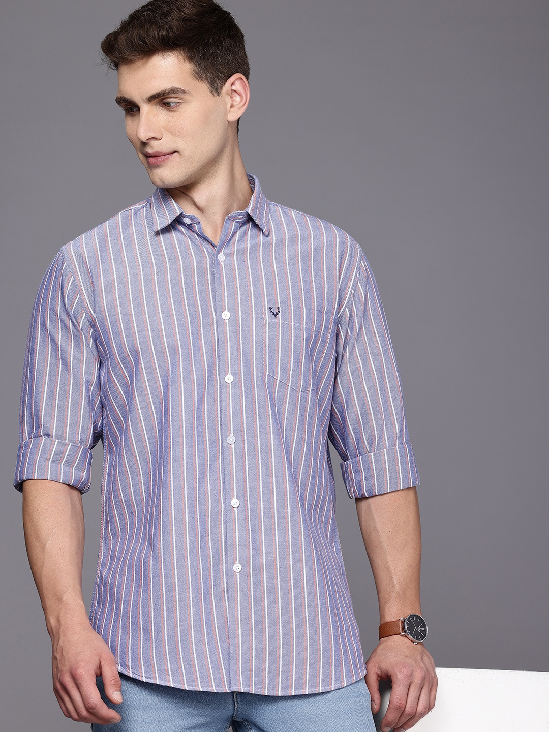 

Allen Solly Custom Fit Opaque Striped Pure Cotton Casual Shirt, Blue