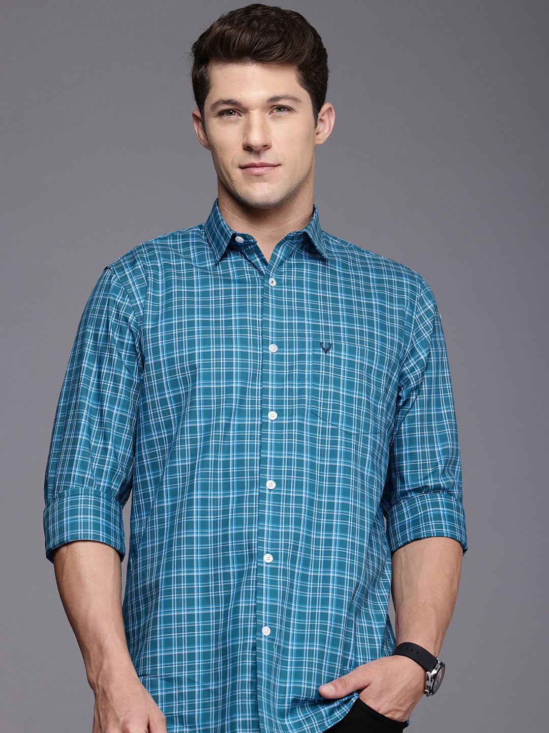 

Allen Solly Pure Cotton Classic Fit Opaque Checked Casual Shirt, Teal