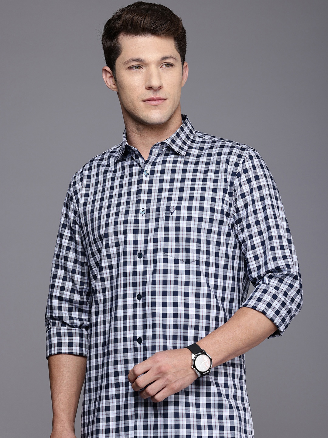 

Allen Solly Pure Cotton Classic Fit Opaque Checked Casual Shirt, Navy blue