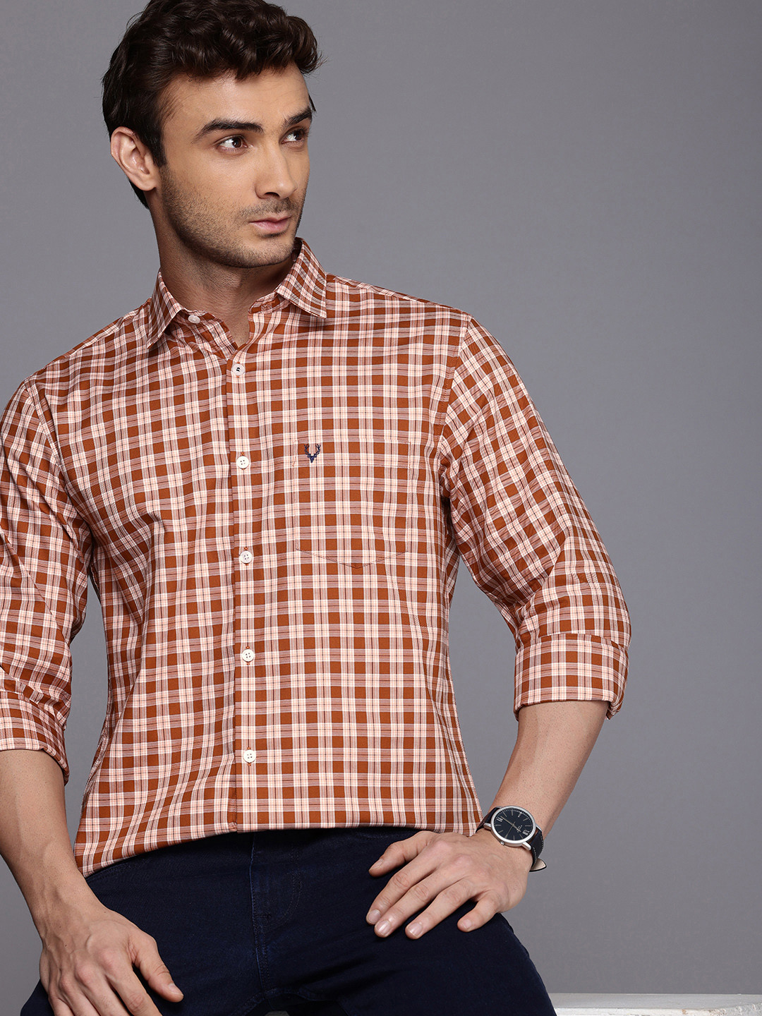 

Allen Solly Pure Cotton Classic Fit Opaque Checked Casual Shirt, Rust