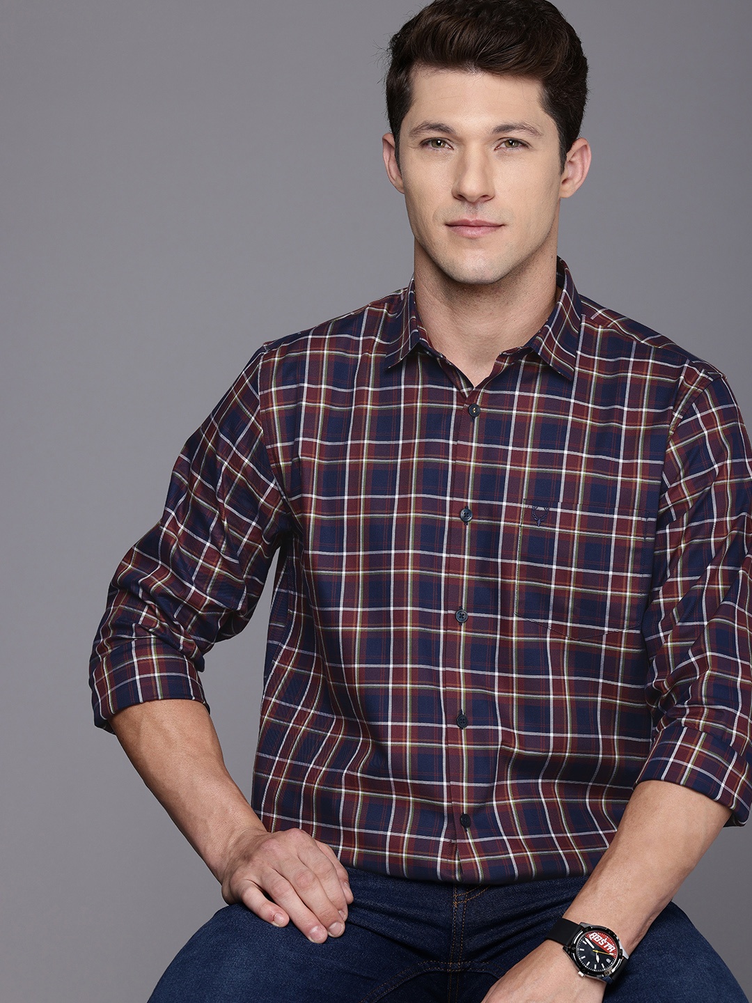 

Allen Solly Pure Cotton Classic Fit Opaque Checked Casual Shirt, Navy blue