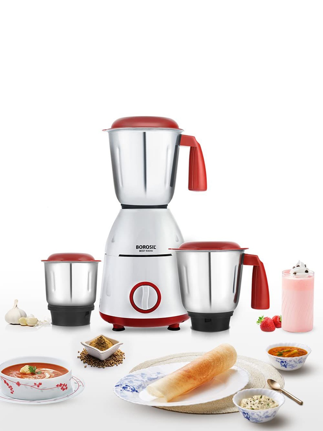 

BOROSIL 3 Pcs Black Powerful 500W Motor Plastic & Stainless Steel Juicer Mixer Grinder, Red