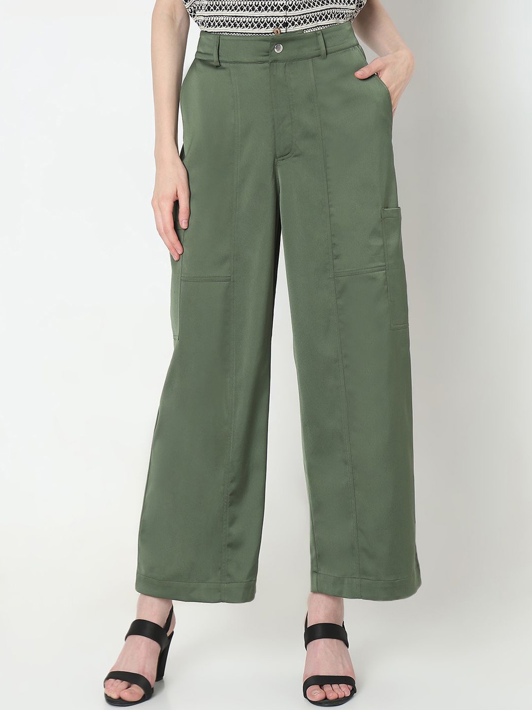 Vero Moda Women Straight Fit Pleated Trousers, Green