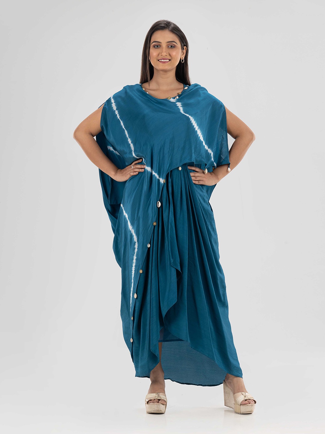 

SACRED SUTA Round Neck Crepe Kaftan Midi Dress, Blue