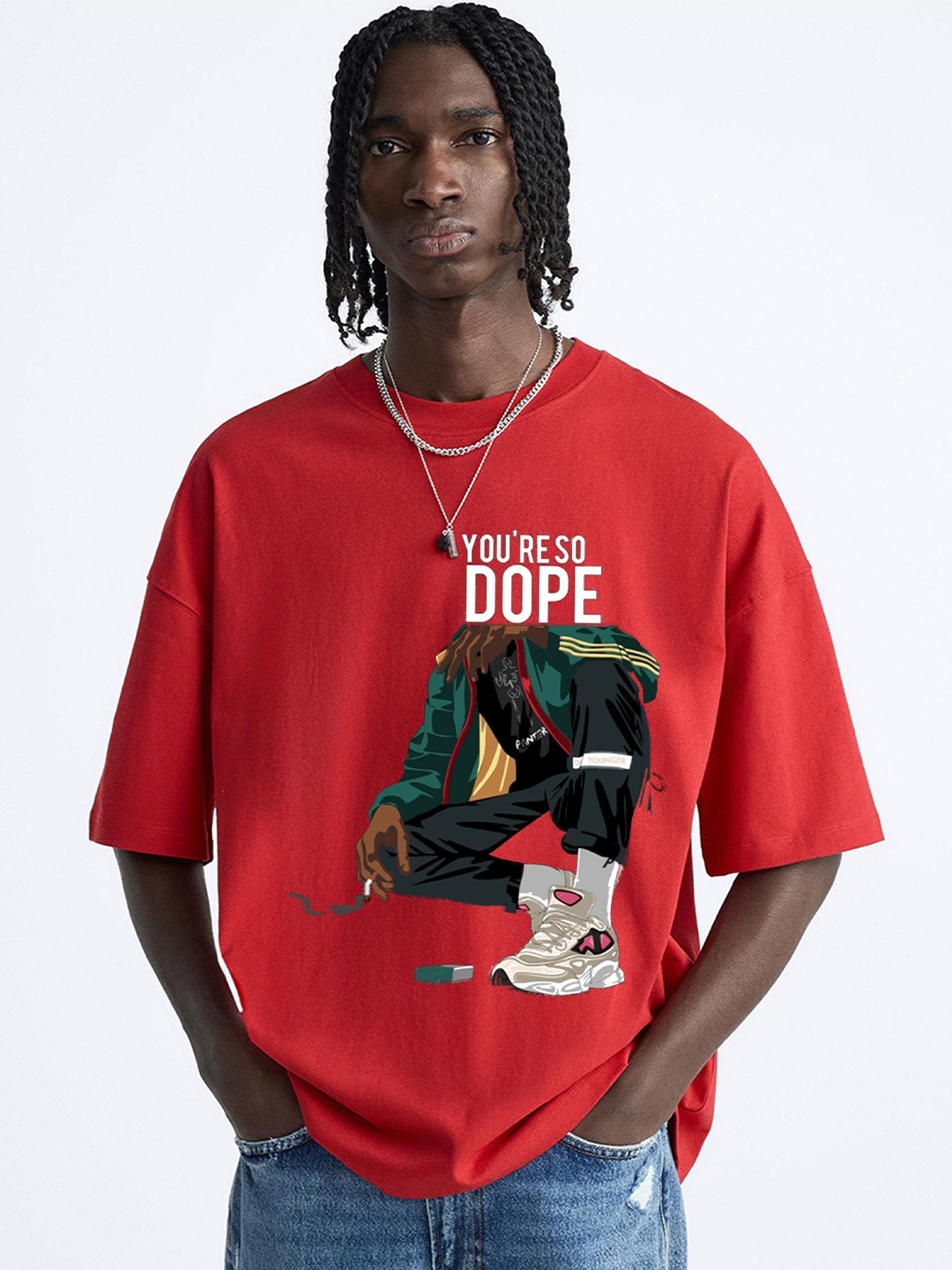 

OFFMINT Men Graphic Printed Round Neck Oversized T-shirt, Red