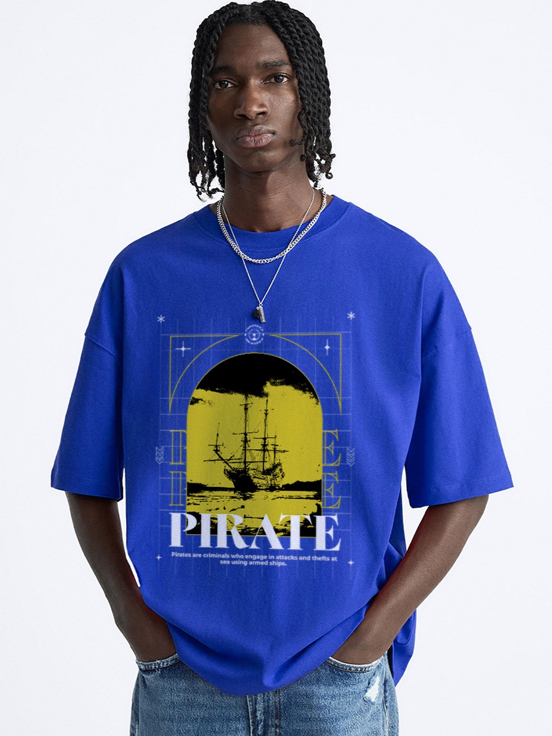 

OFFMINT Men Graphic Printed Round Neck Oversized T-shirt, Blue