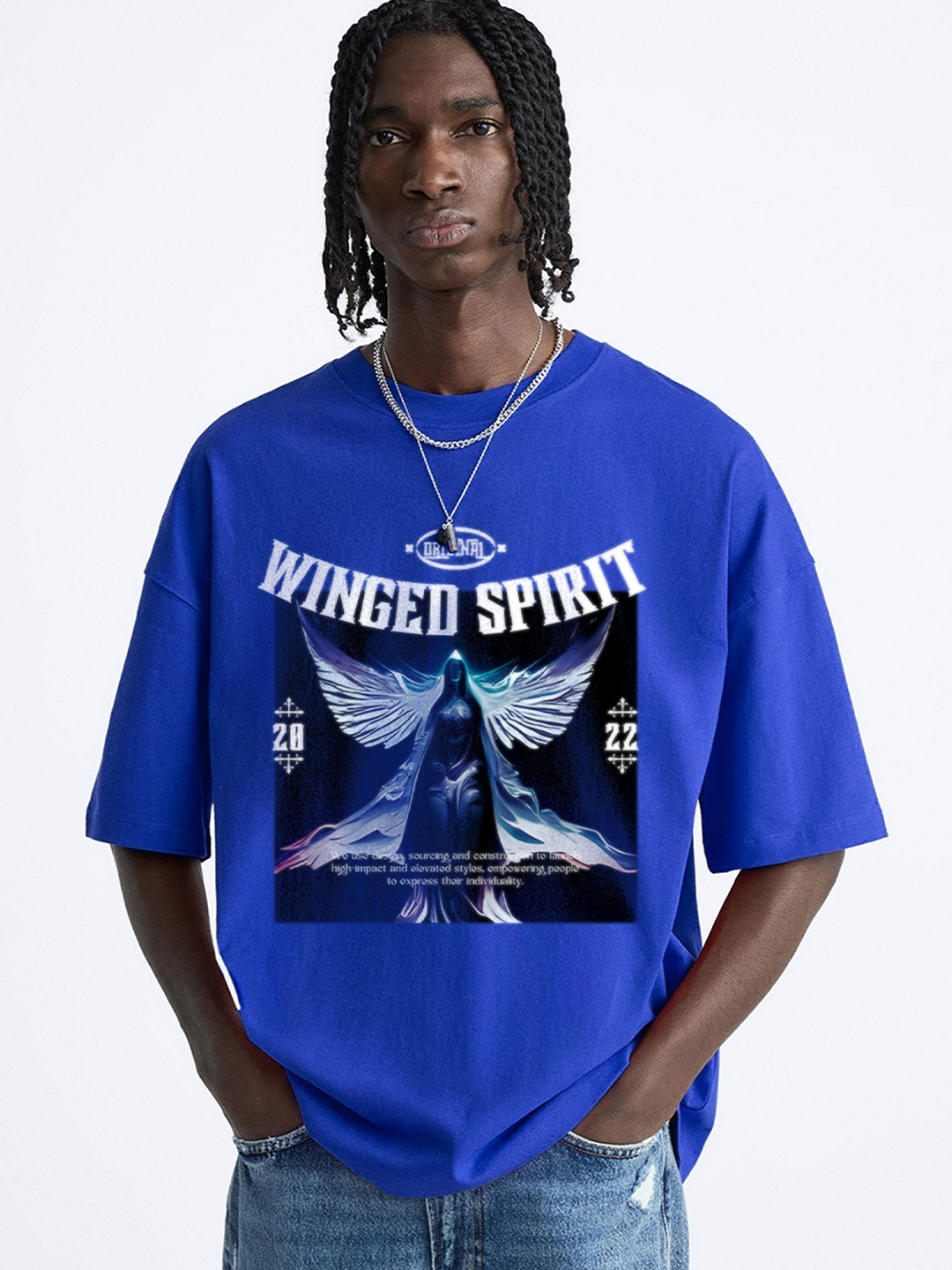 

OFFMINT Men Graphic Printed Round Neck Oversized T-shirt, Blue