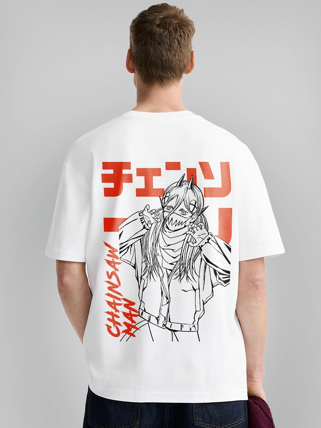 

OFFMINT Men Chainsaw Man Printed Oversized T-shirt, White