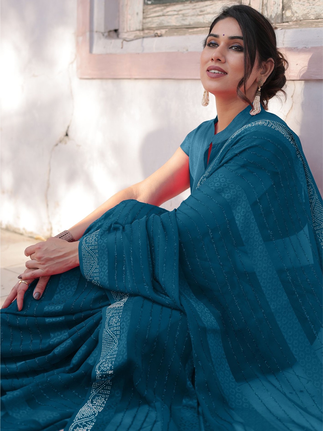 

MIRCHI FASHION Striped Beads and Stones Poly Georgette Saree, Blue