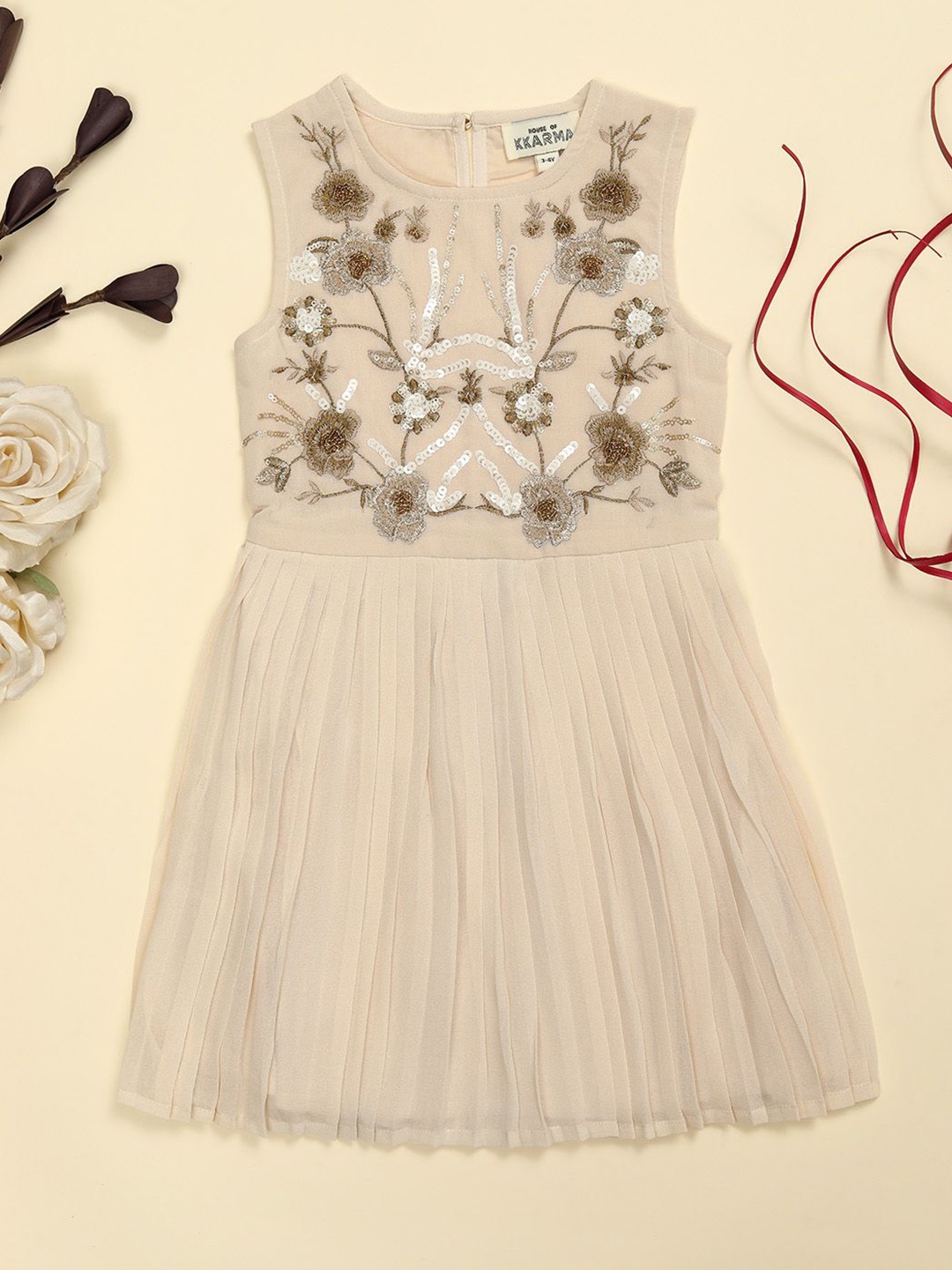 

HOUSE OF KKARMA Girls Floral Embroidered Sequined Sleeveless Georgette A-Line Dress, Cream