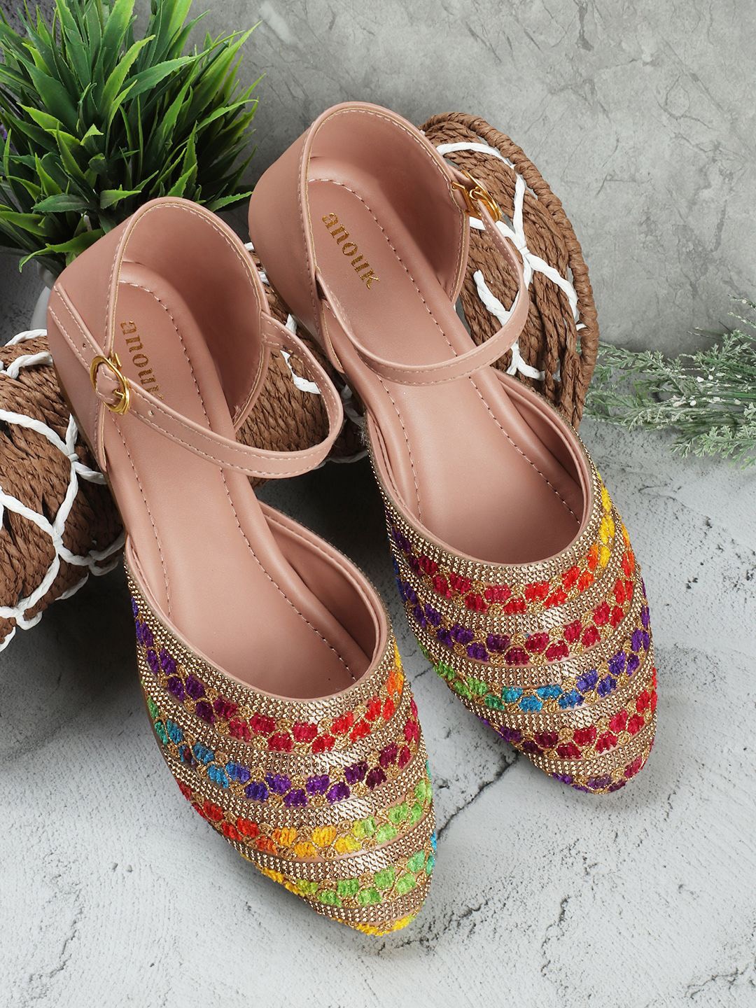 

Anouk Women Embroidered Ethnic Mojaris With Buckles, Nude