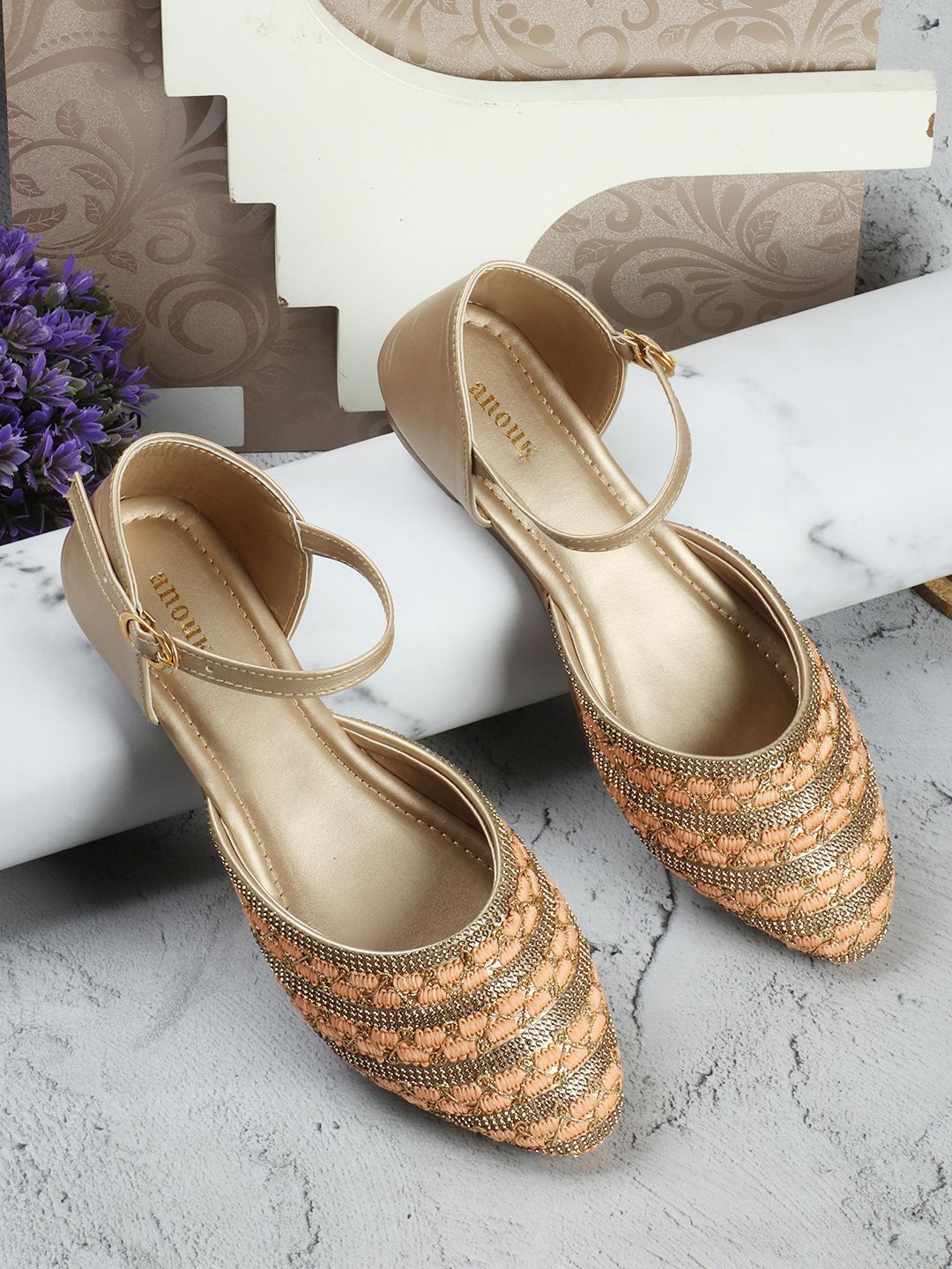 

Anouk Women Striped Ethnic Ballerinas Flats, Gold