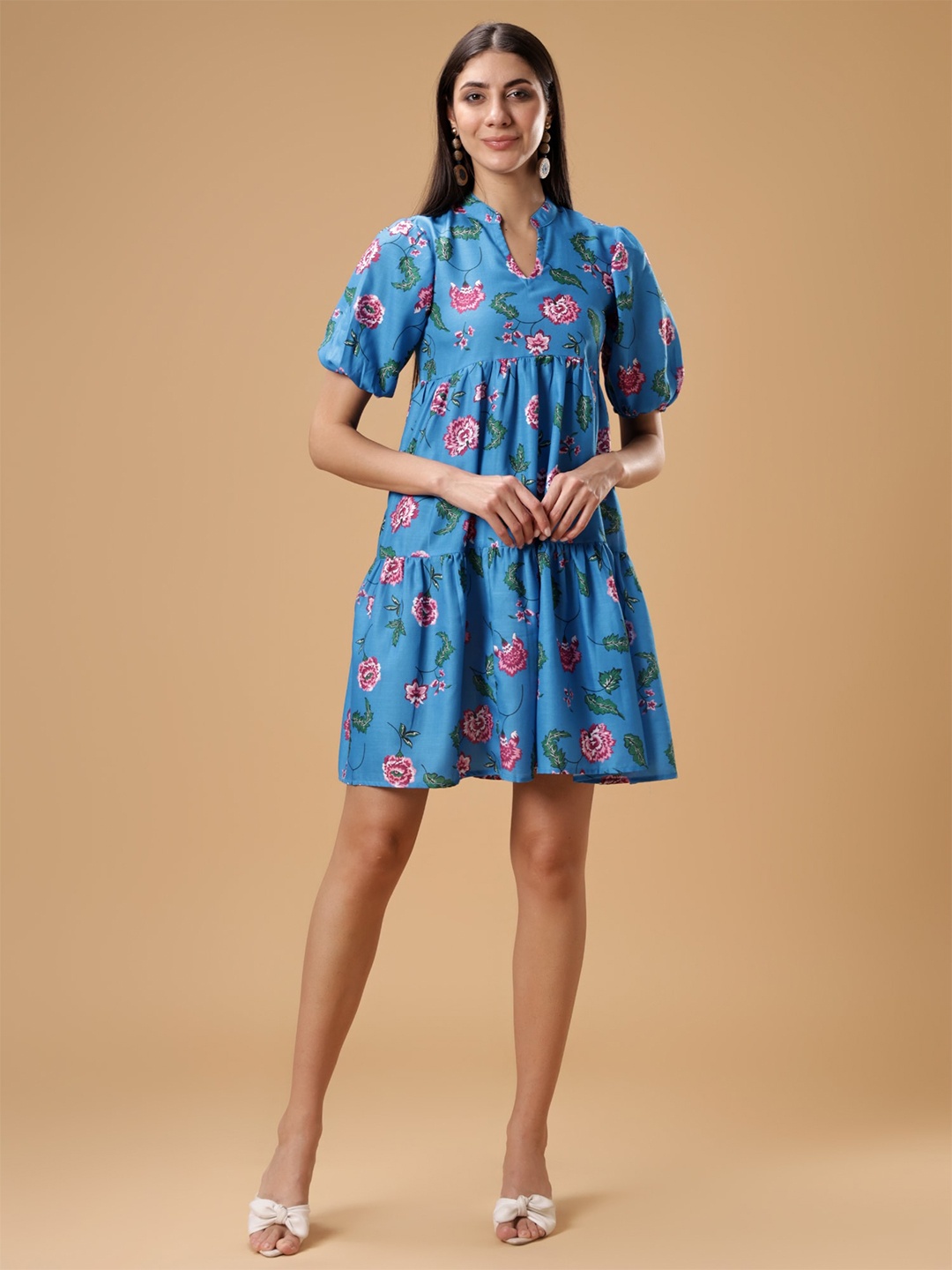 

Bani Women Floral Print Mandarin Collar Puff Sleeves Tiered A-Line Dress, Blue